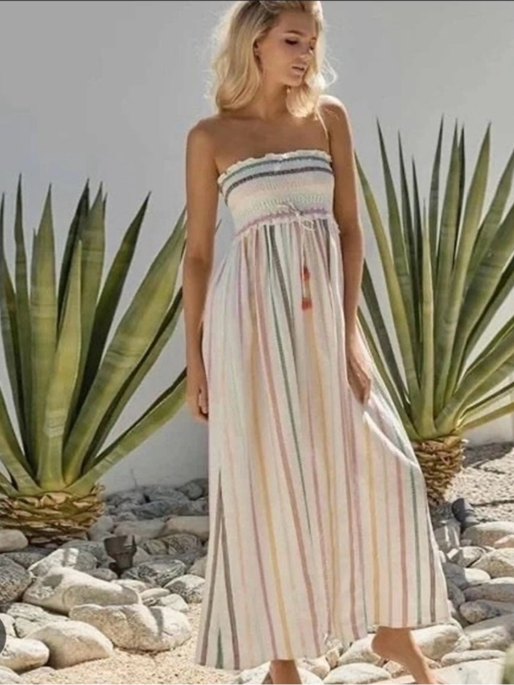 Pilyq White Smocked Maxi with Multicolor  Embroidered Stripe Accents, Size XS/S